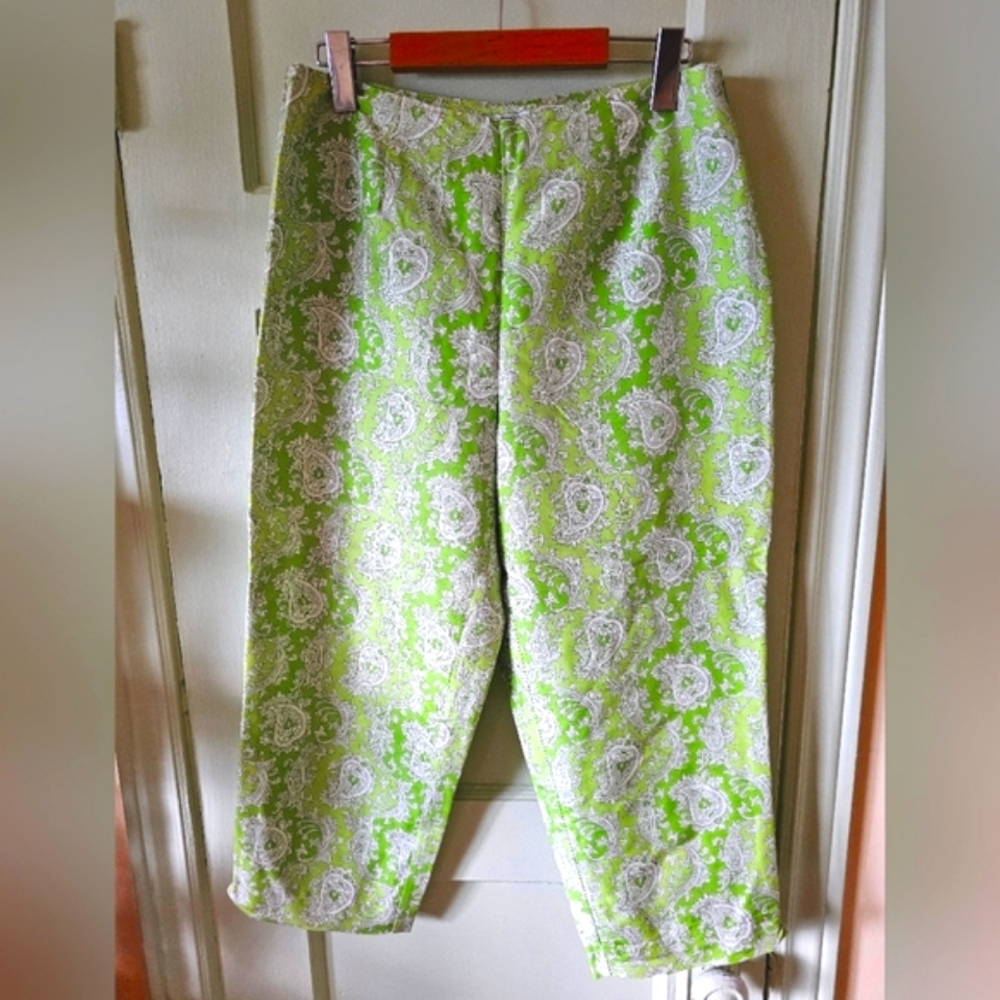 100% silk paisley print green white vintage capri pants 60s 70s hippie retro - Picture 4 of 11